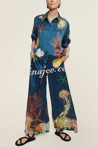 Linen Blend Unique Print Lapel Short Sleeve Shirt and Elastic Waist Loose Pocket Wide Leg Pants Set