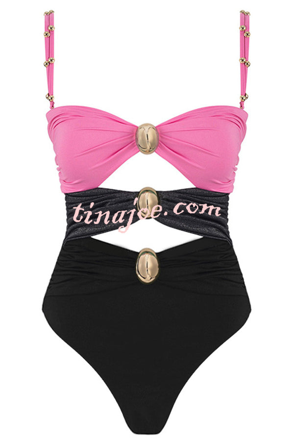 Color Block Patchwork Hollow Metal Decorative Stretch One-piece Swimsuit