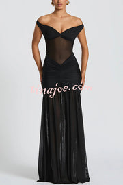 Raise The Level Mesh Off Shoulder Ruched Scarf Stretch Maxi Dress