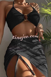 Commuting Style Suspender Pleated Hoop Three Pieces Swimsuit Set