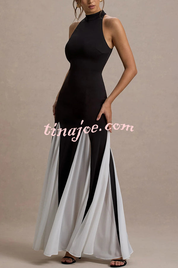 Litzy Contrast Color Panelled Tulle High Neck Stretch Maxi Dress