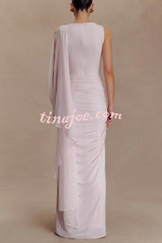 Fashionable Mesh Shawl Sleeveless Slim Fit Pleated Maxi Dress