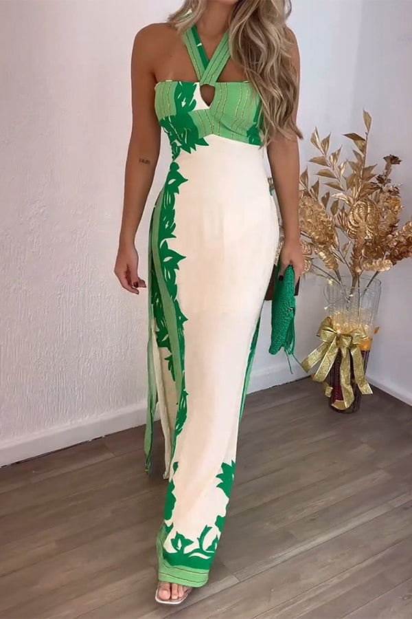 Unique Print Halter Neck Hollow Back Tie Maxi Dress