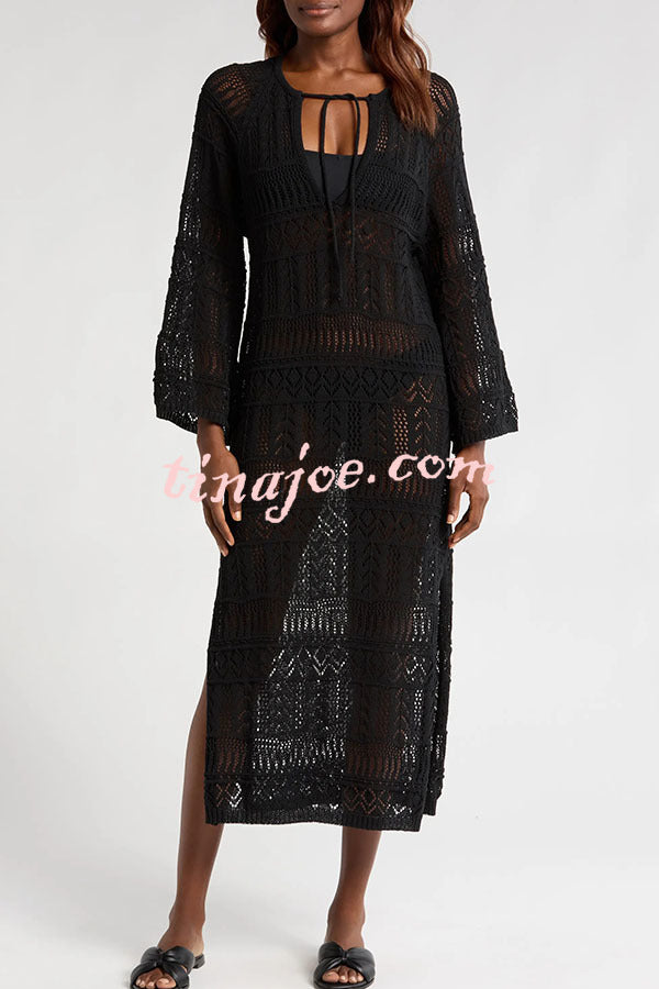 Hollie Knit Unique Pattern Tie-up Long Sleeve Cover-Up Midi Dress