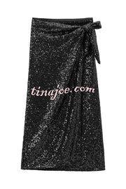 Crushing on You Sequin High Rise Wrap Tie-up Slit Midi Skirt