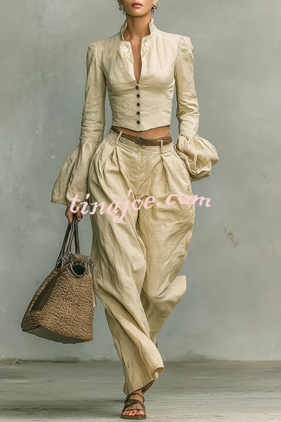 Linen-blend Long-sleeved Button-down Top and Relaxed-pocket Wide-leg Pants Set