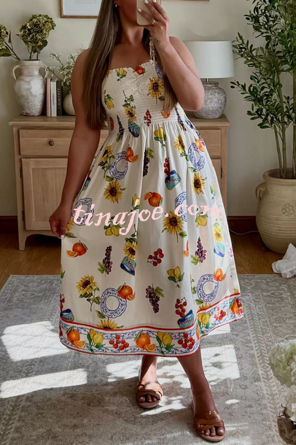 Summer Fruit Print Sling Pleated Vacation Midi Dress