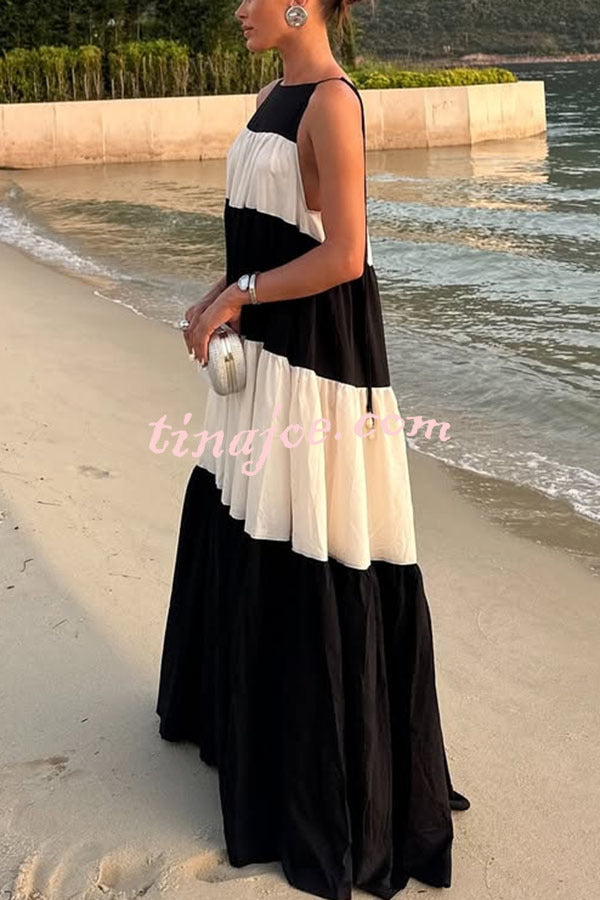 Meila Colorblock Tie-strap Gathered Tiers A-line Maxi Dress