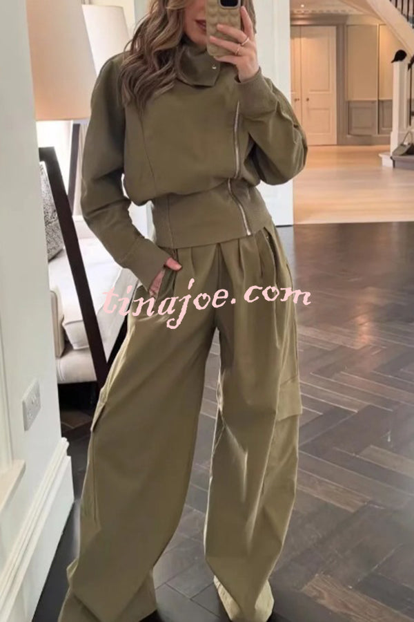 Fashionable High-neck Long-sleeved Zippered Simple Jacket