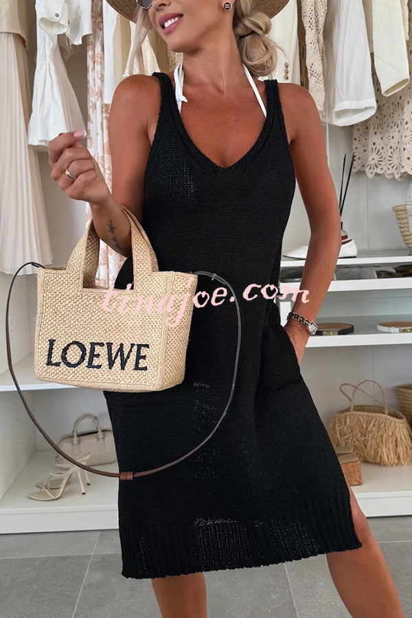 Solid Color V-Neck Sleeveless Casual Pocket Knitted Midi Dress