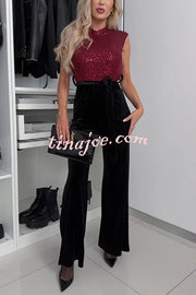 Perfect Party Style Sequin Velvet Patchwork Backless Flare Stretch Jumpsuit