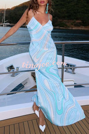 Sunny Horizon Unique Print V-neck Slit Slip Maxi Dress