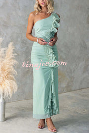 Fashion One-shoulder Pleated Sexy High Slit Slim Dress