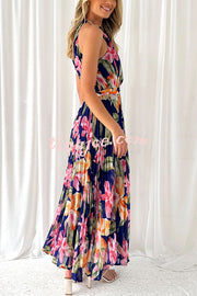 Delicate Floral Print Halterneck Lace Up Pleated Maxi Dress