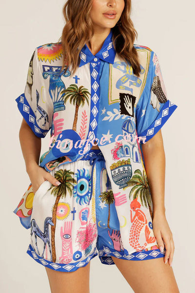 Unique Printed Short-sleeved Casual Loose Shirt and Elastic Waist Drawstring Pocket Shorts Set