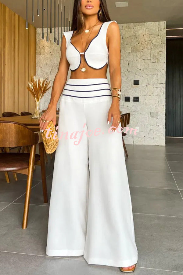 Solid Color Sexy V-neck Sleeveless Top and High-waisted Loose Pants Set