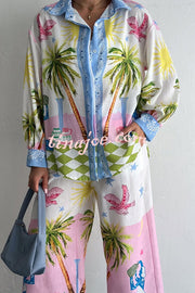 Holiday Style Print Loose Long Sleeve Shirt and Elastic Waist Loose Pocket Wide Leg Pants Set