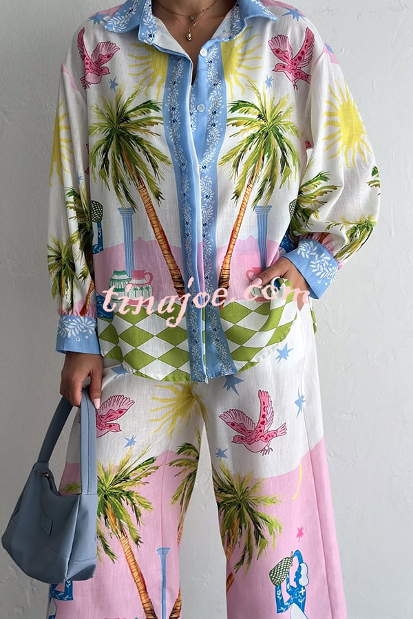 Holiday Style Print Loose Long Sleeve Shirt and Elastic Waist Loose Pocket Wide Leg Pants Set