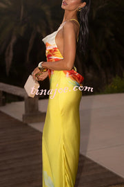 Luisa Satin Floral Print Cowl Neck Sexy Open Back Tie-up Maxi Dress