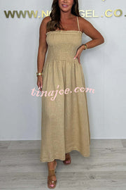 Solid Color Casual Short Jacket and Suspender Pleated Maxi Dress Set