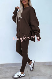 Solid Color Loose Long Sleeve SlitSweatshirt and Elastic Waist Tight Pants Set