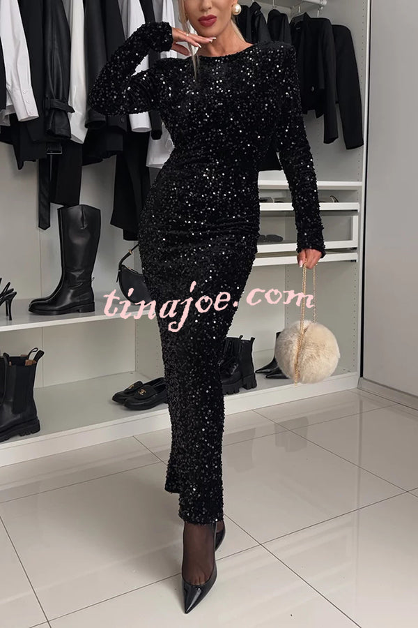 My Space Velvet Sequin Long Sleeve Open Back Bow Detail Stretch Maxi Dress