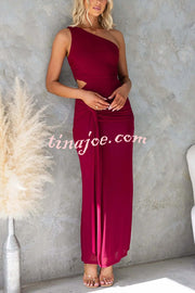 Solid Color Elegant Mesh One Shoulder Sexy Waist Hollow Out Maxi Dress
