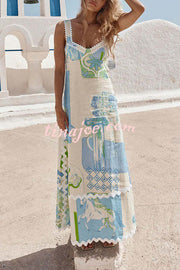 Darla Linen Blend Ric Rac Trims Unique Print Back Tie-up Maxi Dress