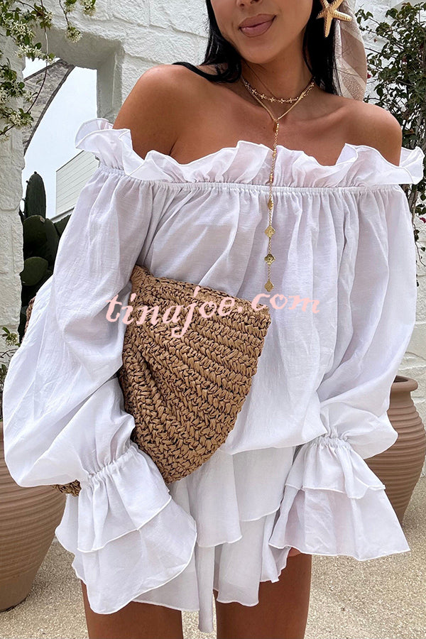 Arnell Linen Blend Off Shoulder Balloon Sleeve Shirt and Elastic Waist Layered Shorts Set