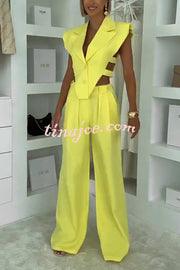 Fashion Style Lapel Waist-baring Irregular Vest and  Elastic Waist Pocket Loose Pants Set