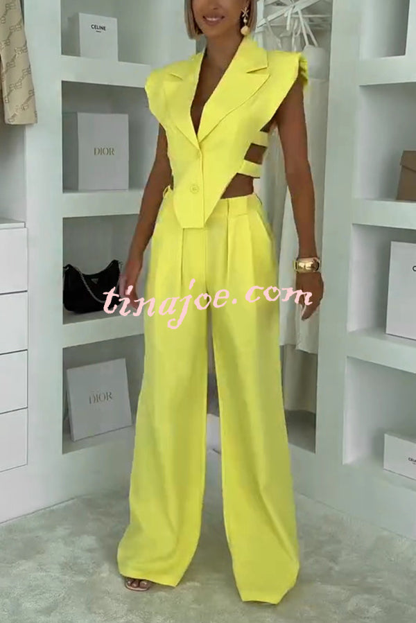 Fashion Style Lapel Waist-baring Irregular Vest and  Elastic Waist Pocket Loose Pants Set