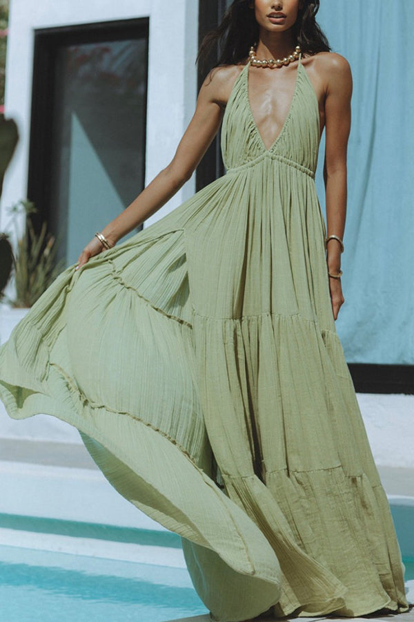 Laelia Linen Blend Halter Backless Slit Cover Up Maxi Dress