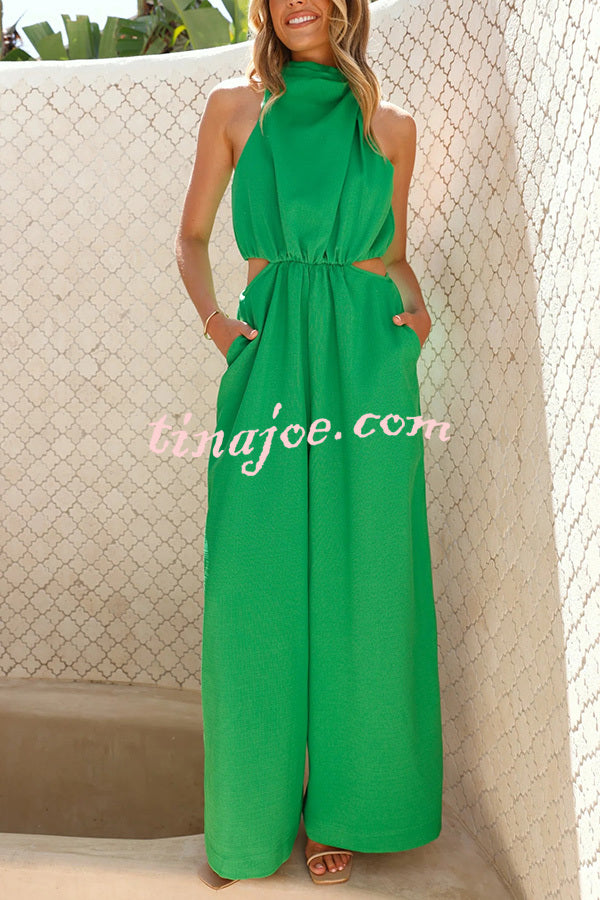 Solid Color Resort Style Halter Neck Waist Pocket Wide Leg Jumpsuit