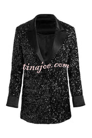 Sparkle Season Sequin Satin Long Sleeve Lapel Formal Party Blazer