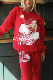 Christmas Santa Print Loose Round Neck Sweatshirt and Elastic Waist Casual Pants Set