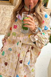 Fashionable Gold Stamping Unique Printing Lapel Long Sleeve Shirt and Elastic Waist Casual Pocket Shorts Set