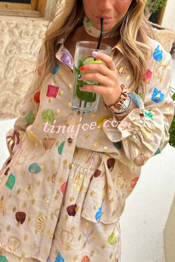 Fashionable Gold Stamping Unique Printing Lapel Long Sleeve Shirt and Elastic Waist Casual Pocket Shorts Set