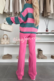 Fashion Contrast Striped Casual V-neck Long-sleeved Knitted Cardigan