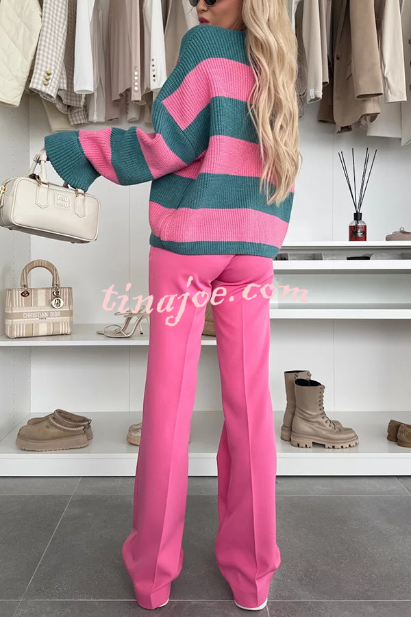 Fashion Contrast Striped Casual V-neck Long-sleeved Knitted Cardigan