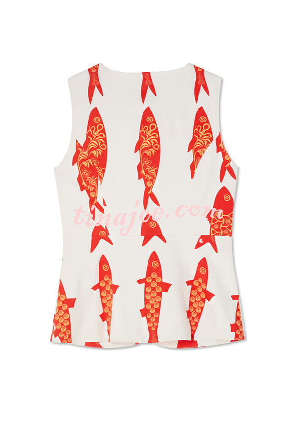 Good Luck Linen Blend Koi Pattern Metal Buttons Waisted Vest