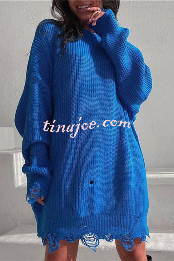 Solid Color Loose Ripped Knitted Mid-length Sweater