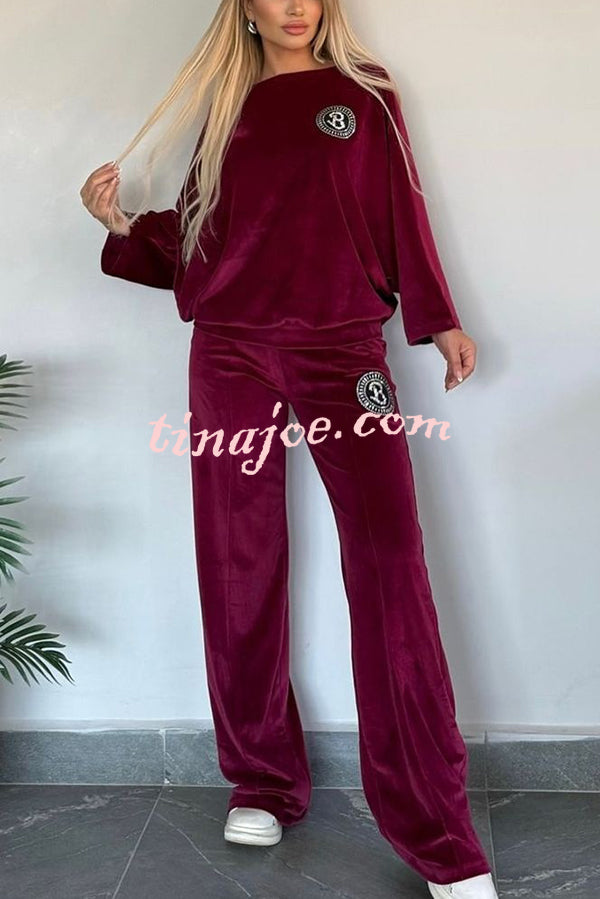 Solid Color Velvet Round Neck Bat Sleeve Casual Top and Elastic Waist Loose Pocket Pants Set