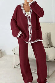 Fashion Casual Knitted Long Sleeve Pocket Cardigan and Elastic Waist Loose Wide Leg Pants Set