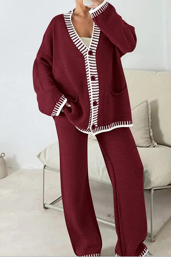 Fashion Casual Knitted Long Sleeve Pocket Cardigan and Elastic Waist Loose Wide Leg Pants Set