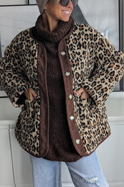 Warm Feel Colorblock Leopard Print Plush Button Up Pocketed Teddy Jacket