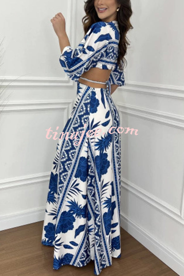 Wilma Unique Print Cutout Elastic Waist Tie-up Kimono Sleeve Maxi Dress