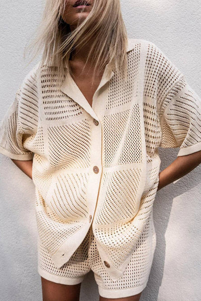 Solid Color Casual Cutout Button Shirt and Elastic Waist Drawstring Shorts Set