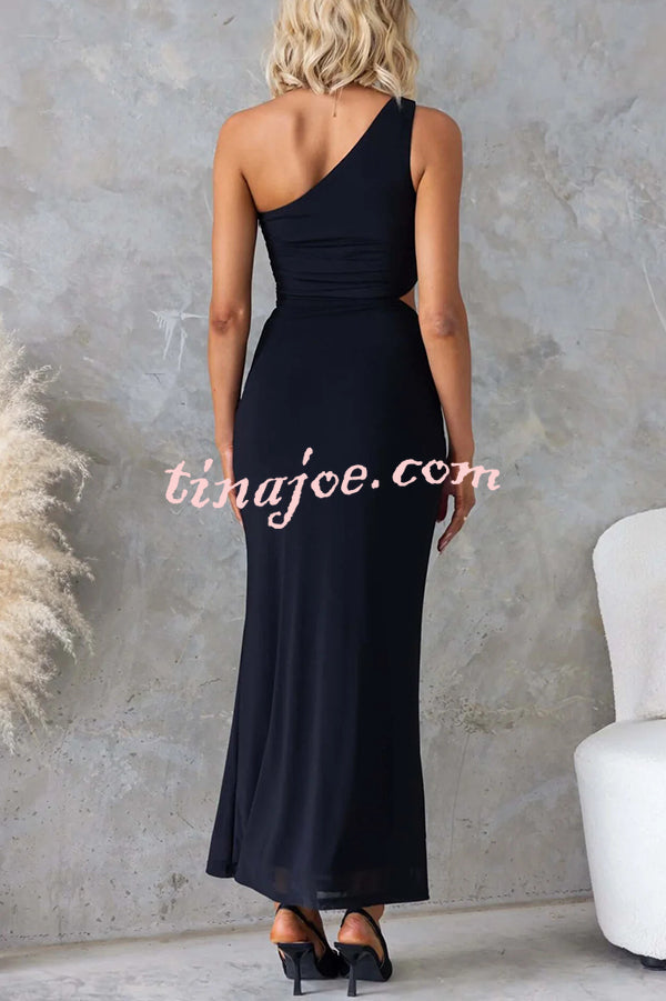 Solid Color Elegant Mesh One Shoulder Sexy Waist Hollow Out Maxi Dress