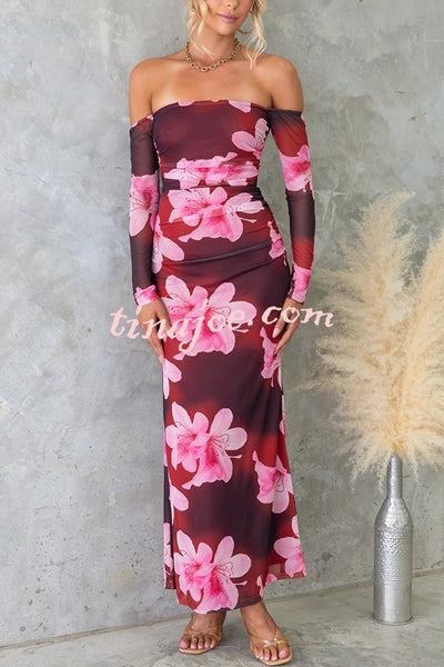 Floral Fantasy Mesh Off Shoulder Long Sleeve Stretch Maxi Dress