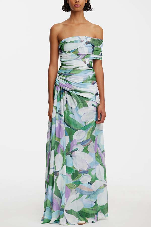 Sunshine and Wine Mesh Floral Print Off Shoulder Ruched Stretch Maxi Dress